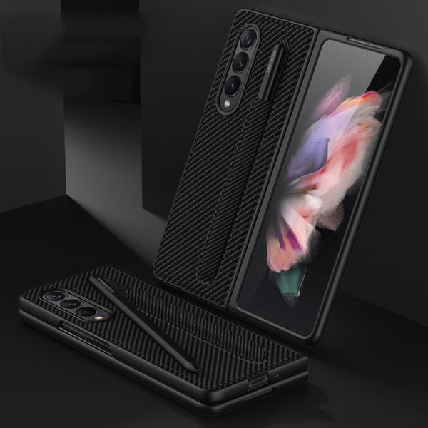 Samsung Galaxy Z Fold3 5G GKK Ultra-thin PC + Leather Full Coverage Phone Flip Case with Pen Slot(Carbon Fiber Texture)