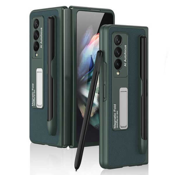Samsung Galaxy Z Fold3 5G GKK Ultra-thin PC + PU Phone Flip Case with Holder & Pen Slot(Dark Green)