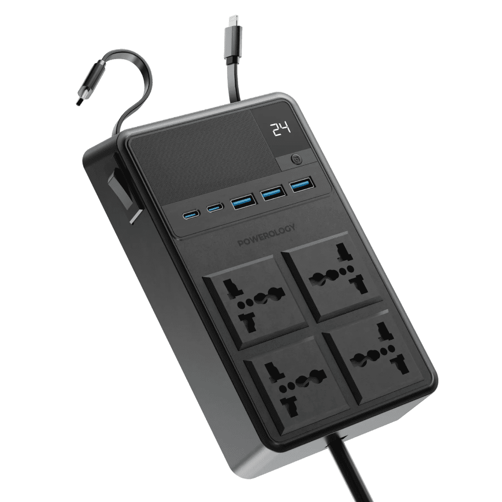 Powerology 2500w 4 AC Power Strip with Built-In Retractable Cables - Black