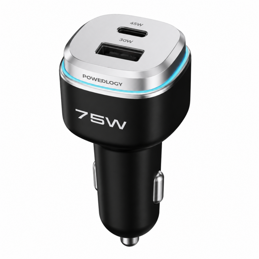 Powerology 75W Dual-Port High-Power Car Charger - Black Silver