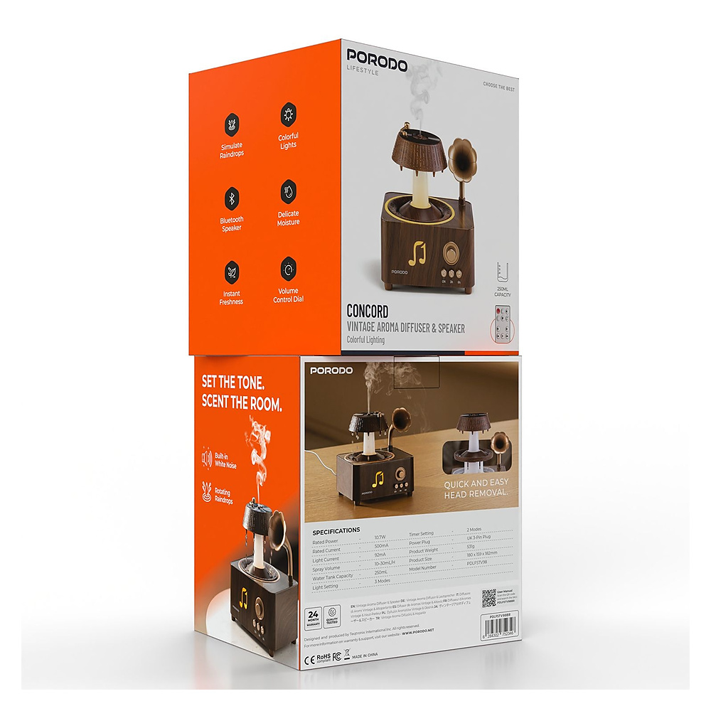 Porodo Lifestyle Concord Vintage Aroma Diffuser & Speaker - Brown - Image 2