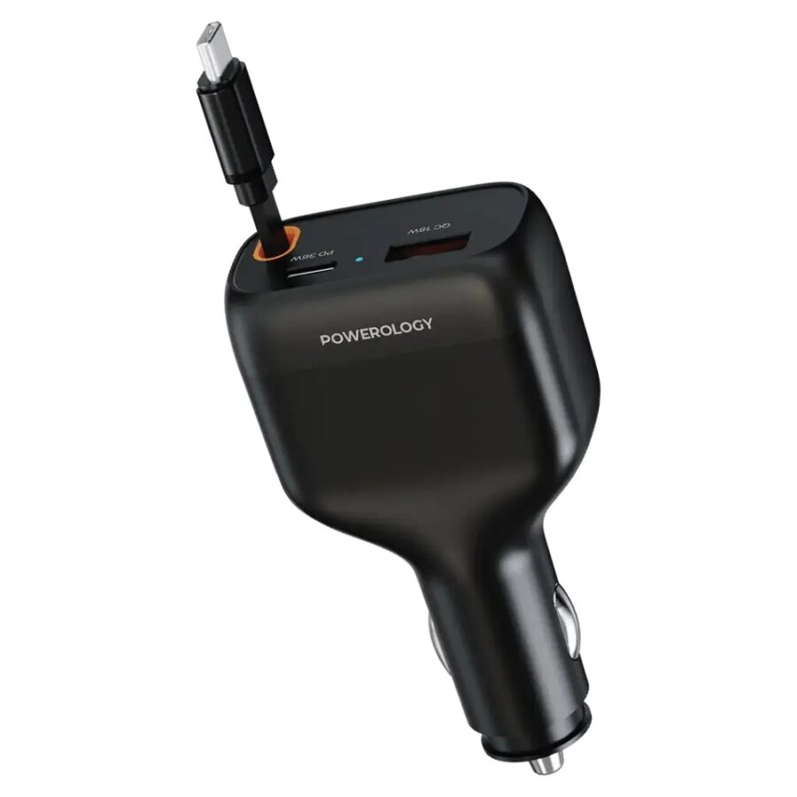 Powerology Cyber 81W USB-C Retractable Car Charger - Black