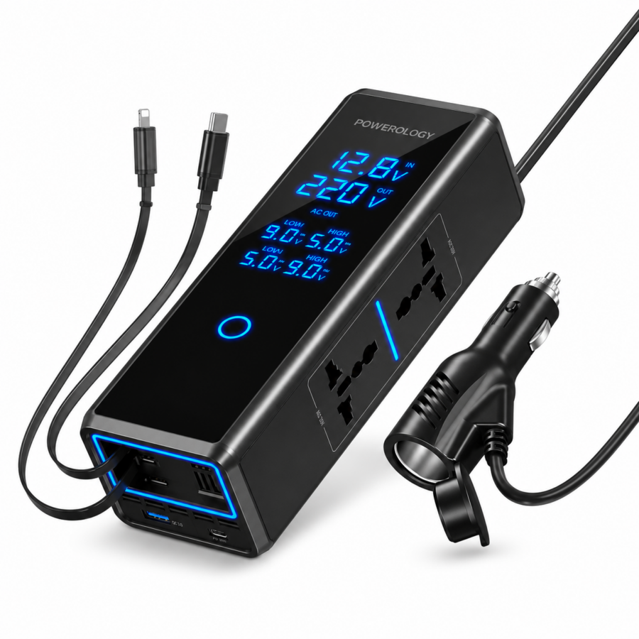 Powerology Car Power Inverter 300W 220V Dual AC Sockets - Black