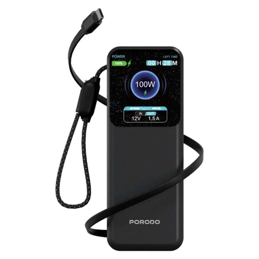 Porodo Polo X 20000mAh 100W Power Bank with Dual USB-C Cables – Black